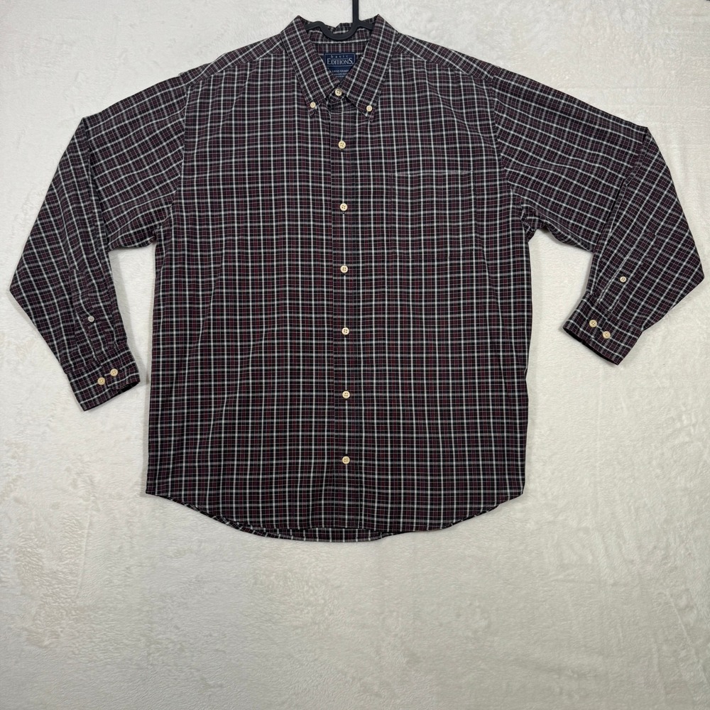 Basic Editions Button Down Mens Large Burgundy Plaid Long Sleeve Casual Shirt